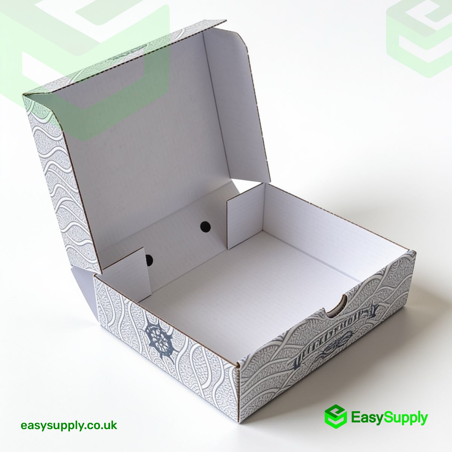 Fish and chips side order box open at an angle showing the wave print sides and white interior