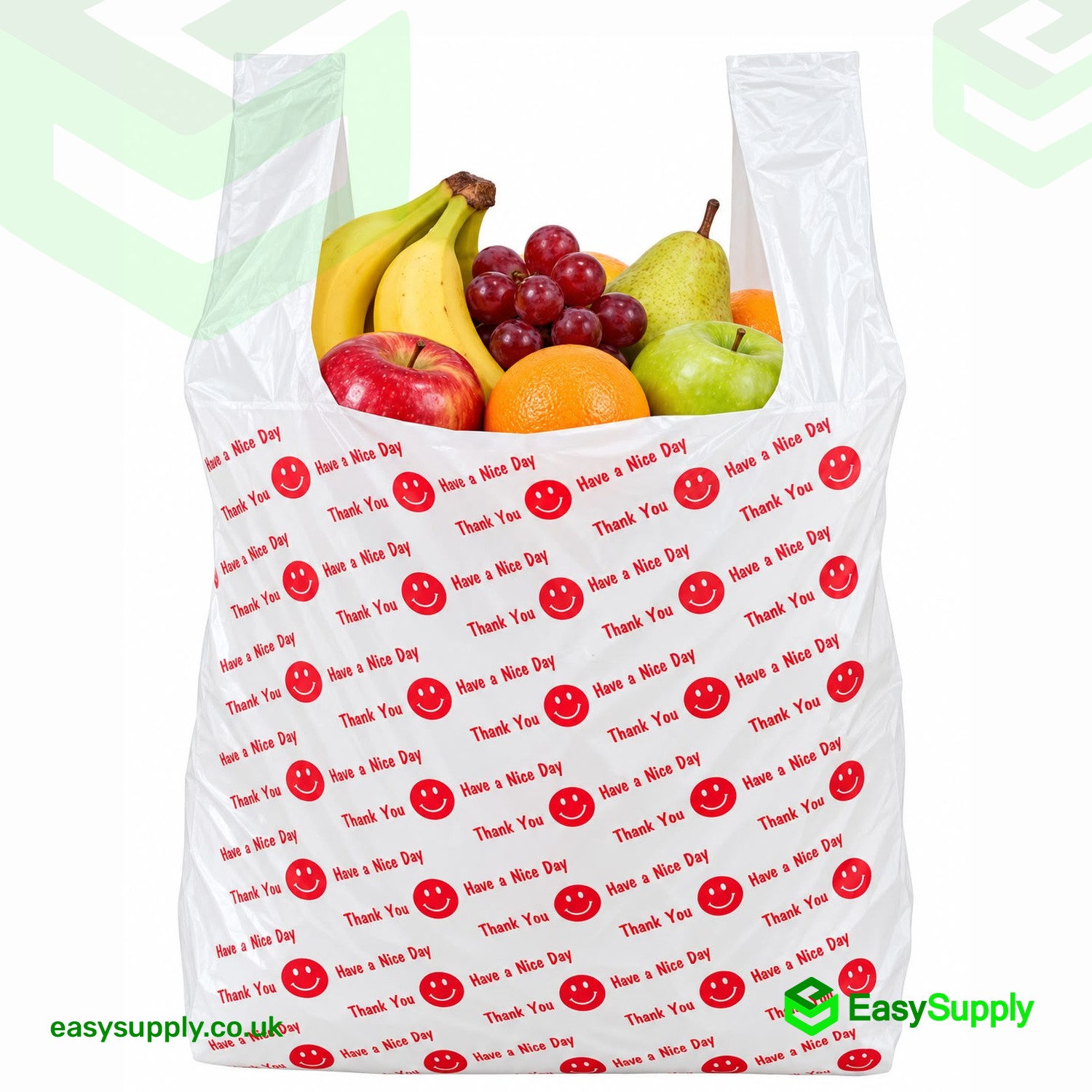 White Thank You smiley vest carrier bag filled with fresh fruit, showing the red Have a Nice Day print