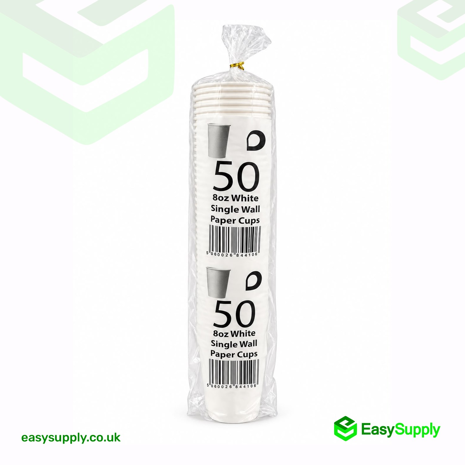 Sleeve of 50 white 8 oz single wall paper cups in a clear bag