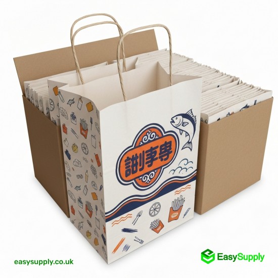 Fish&chips Twisted Handles White Paper Bags Jumbo Size 320 x 210 x 320 mm Foil Bags